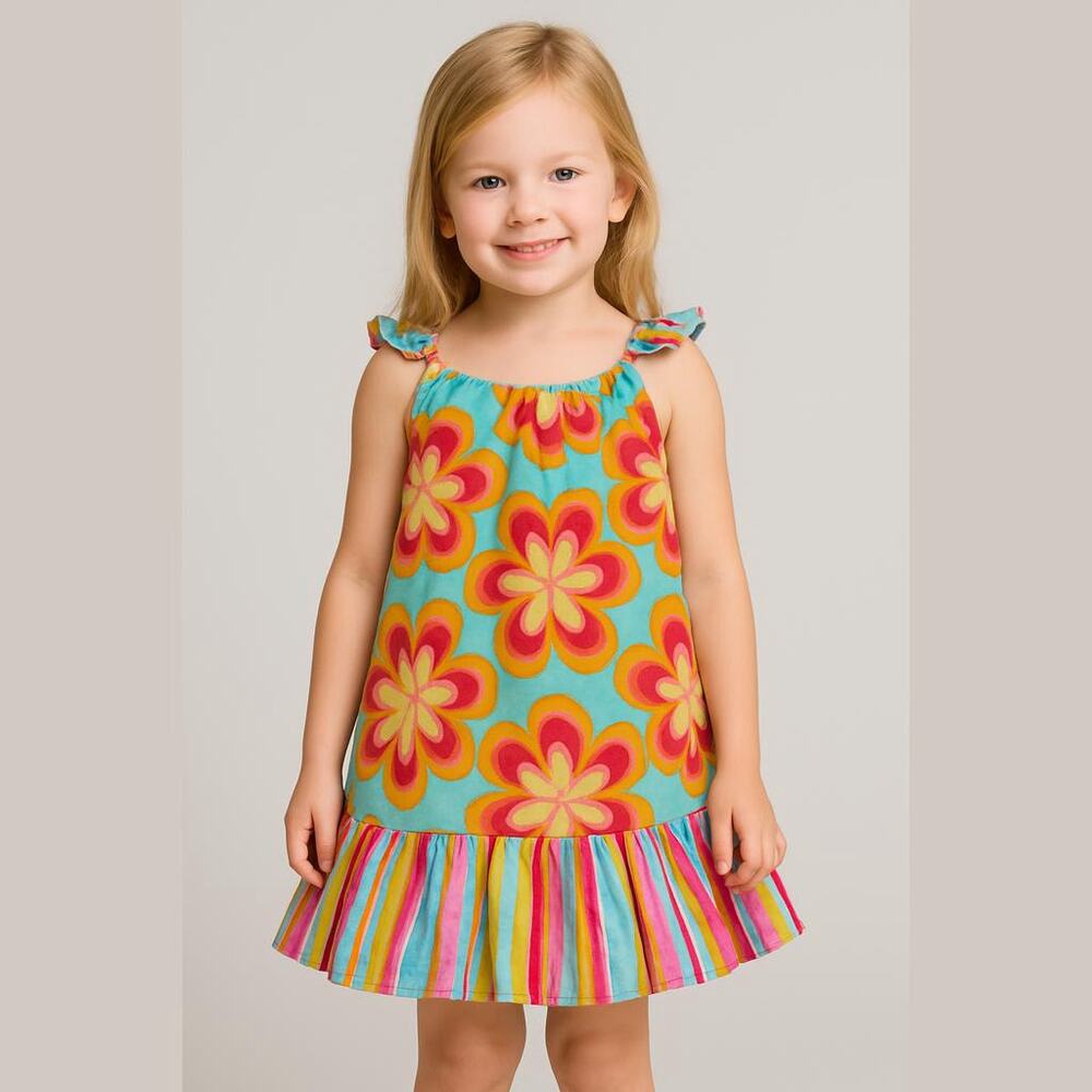 Ruby & Rosies Girls Dress Size 6 Bright Floral Print Turquoise Orange Pink Angel
